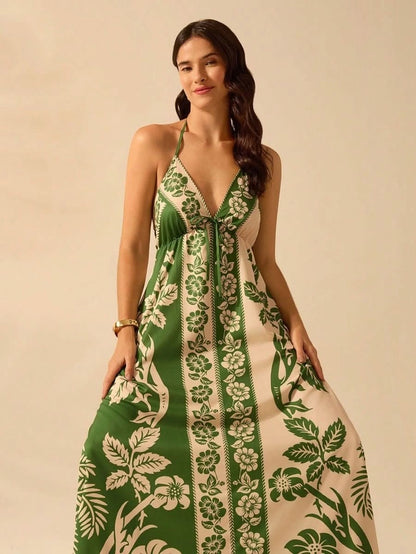 Black & White Tropical Boho Maxi Halter Dress - Satin Whisper