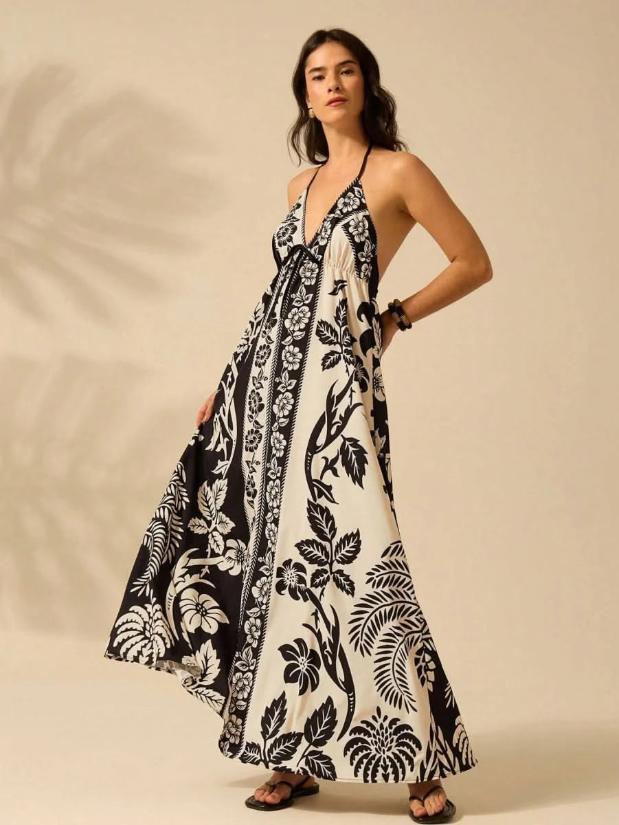 Black & White Tropical Boho Maxi Halter Dress - Satin Whisper