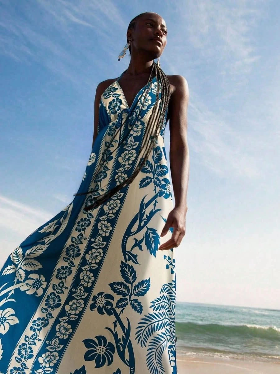 Black & White Tropical Boho Maxi Halter Dress - Satin Whisper