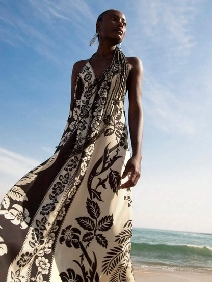 Black & White Tropical Boho Maxi Halter Dress - Satin Whisper
