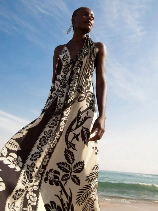 Black & White Tropical Boho Maxi Halter Dress - Satin Whisper