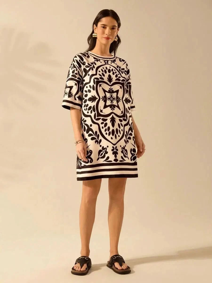 Black & Off - White Vintage Print Dress – Effortless Boho Elegance - Satin Whisper