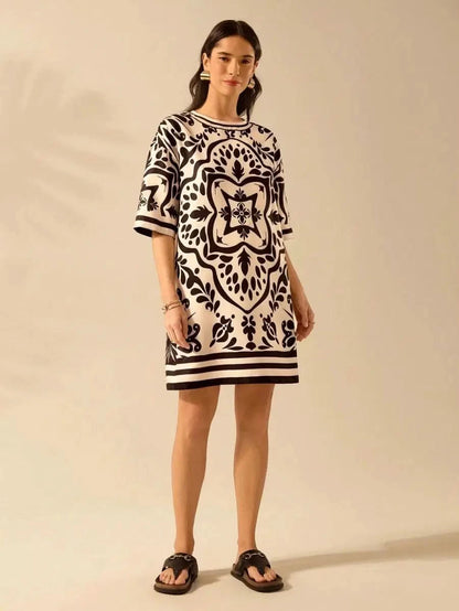 Black & Off - White Vintage Print Dress – Effortless Boho Elegance - Satin Whisper