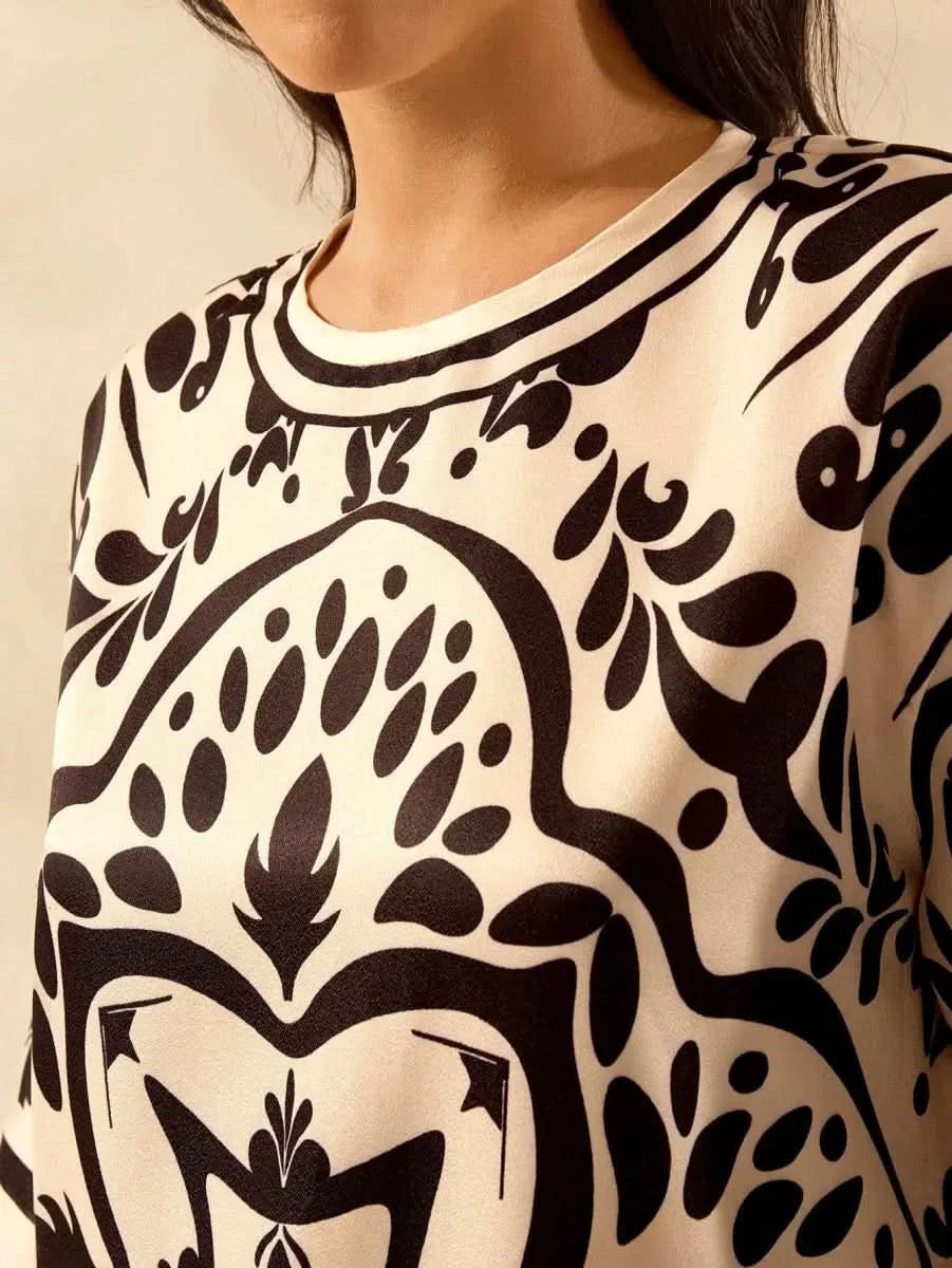 Black & Off - White Vintage Print Dress – Effortless Boho Elegance - Satin Whisper