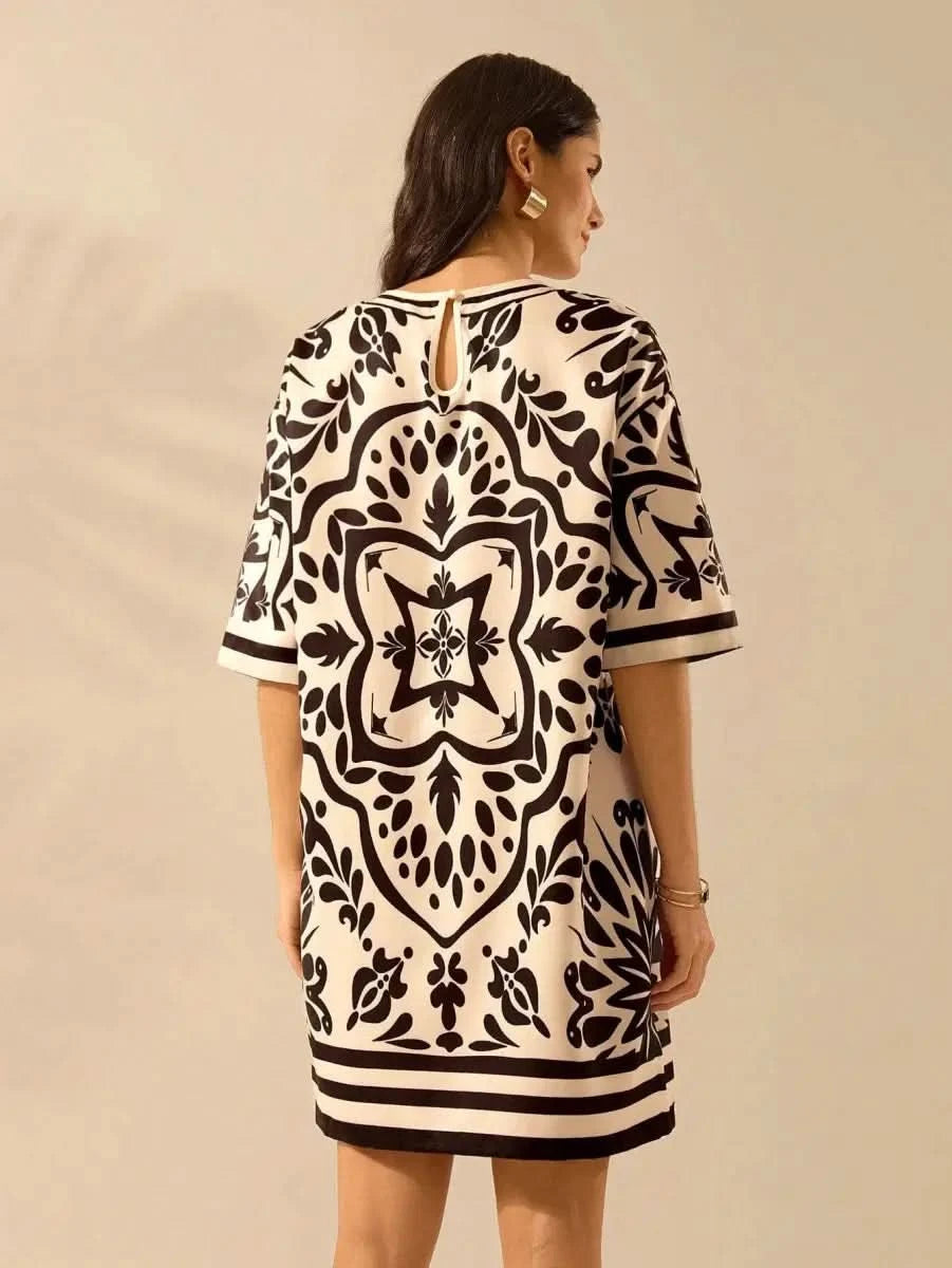 Black & Off - White Vintage Print Dress – Effortless Boho Elegance - Satin Whisper