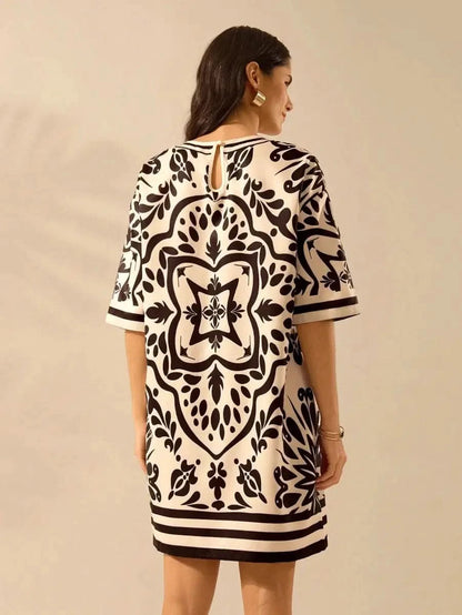 Black & Off - White Vintage Print Dress – Effortless Boho Elegance - Satin Whisper