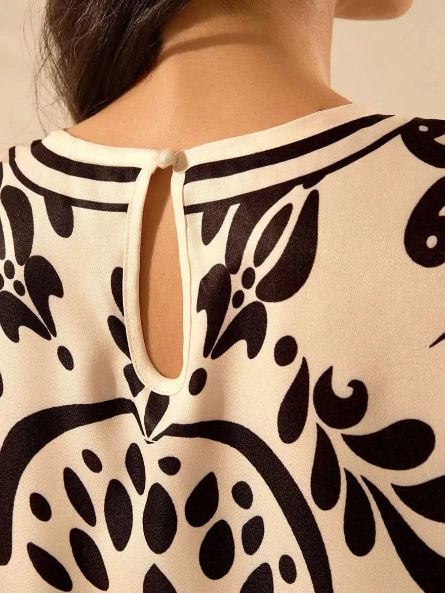 Black & Off - White Vintage Print Dress – Effortless Boho Elegance - Satin Whisper