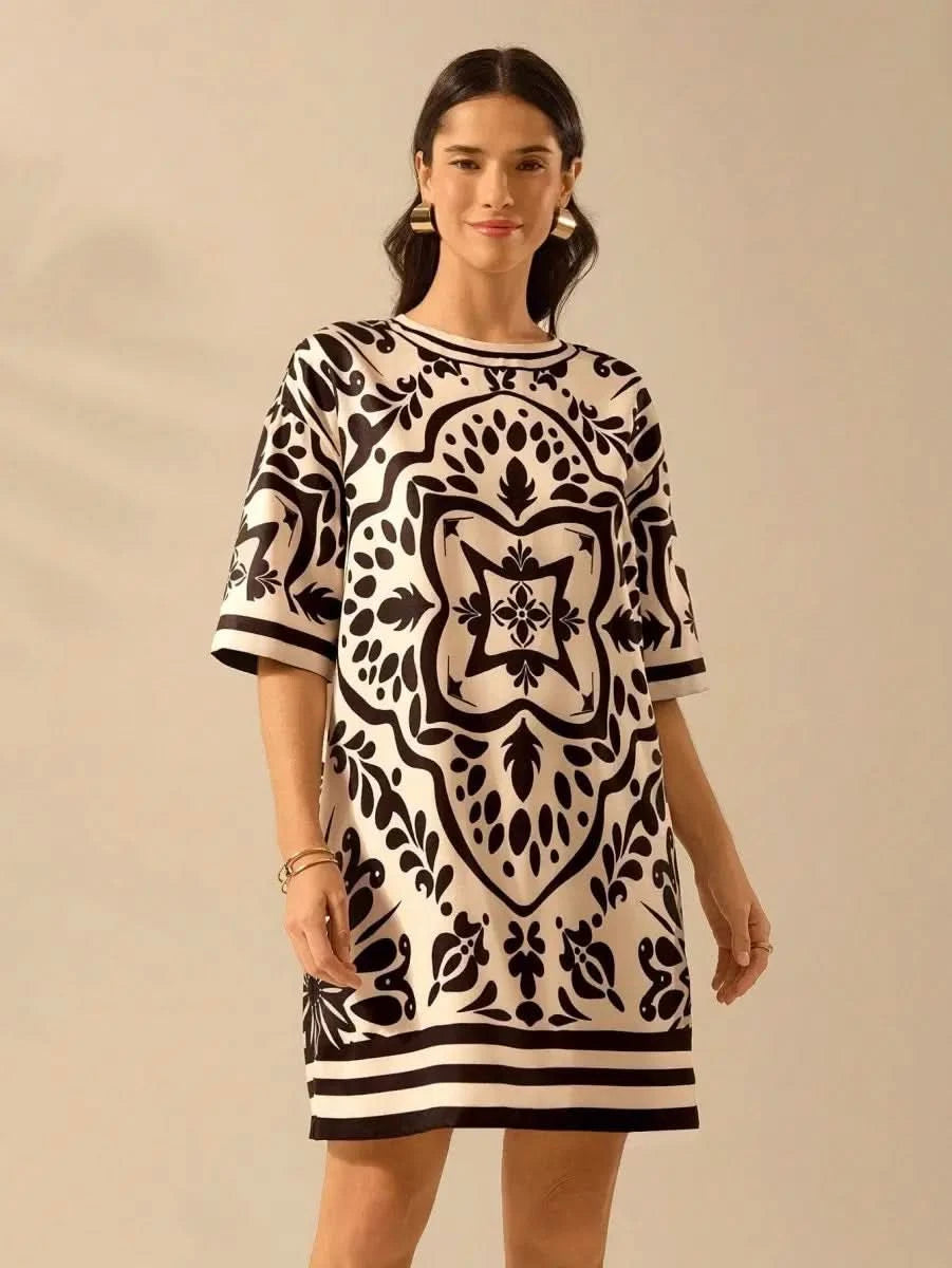 Black & Off - White Vintage Print Dress – Effortless Boho Elegance - Satin Whisper