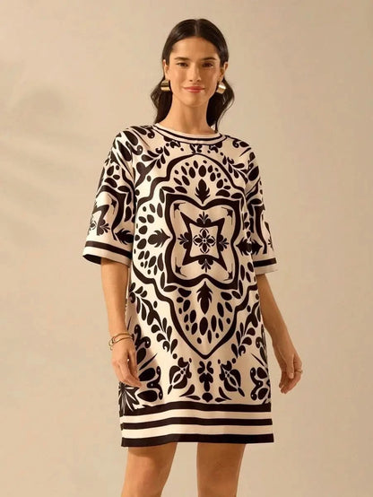 Black & Off - White Vintage Print Dress – Effortless Boho Elegance - Satin Whisper