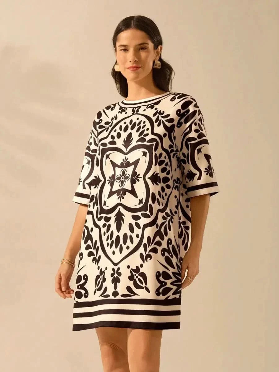 Black & Off - White Vintage Print Dress – Effortless Boho Elegance - Satin Whisper