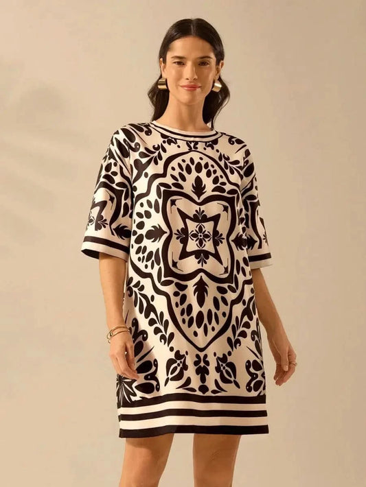 Black & Off - White Vintage Print Dress – Effortless Boho Elegance - Satin Whisper