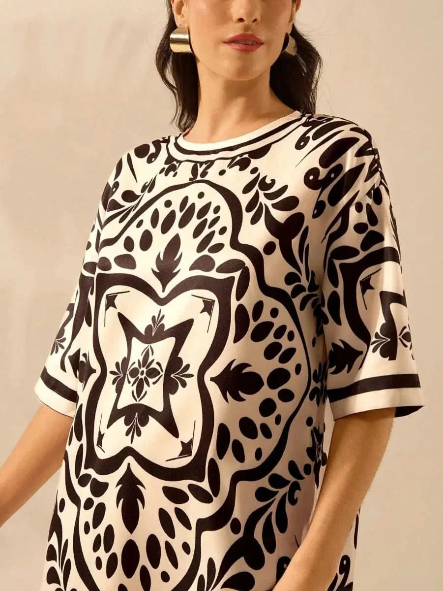 Black & Off - White Vintage Print Dress – Effortless Boho Elegance - Satin Whisper