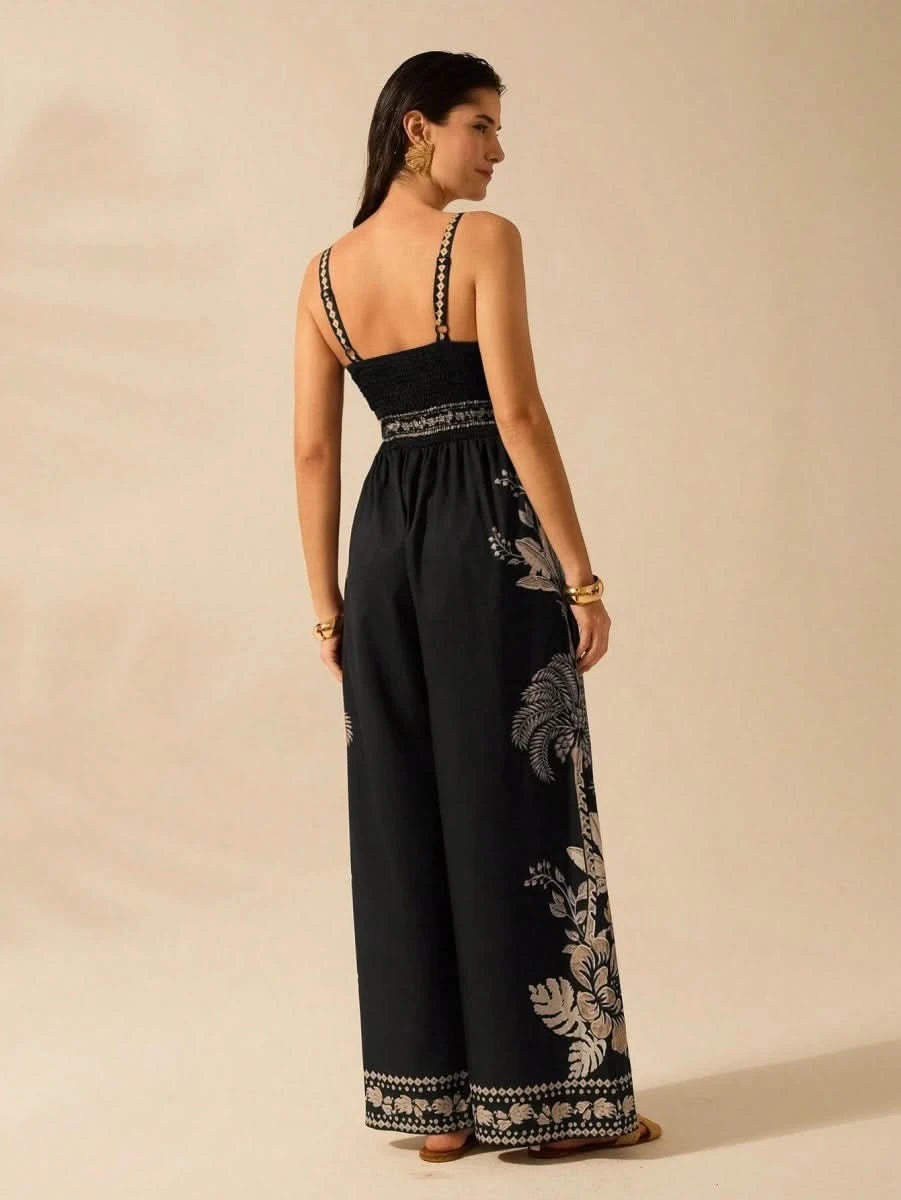 Boho Black Wide - Leg Jumpsuit with Embroidered Straps & Tropical Print - Satin Whisper