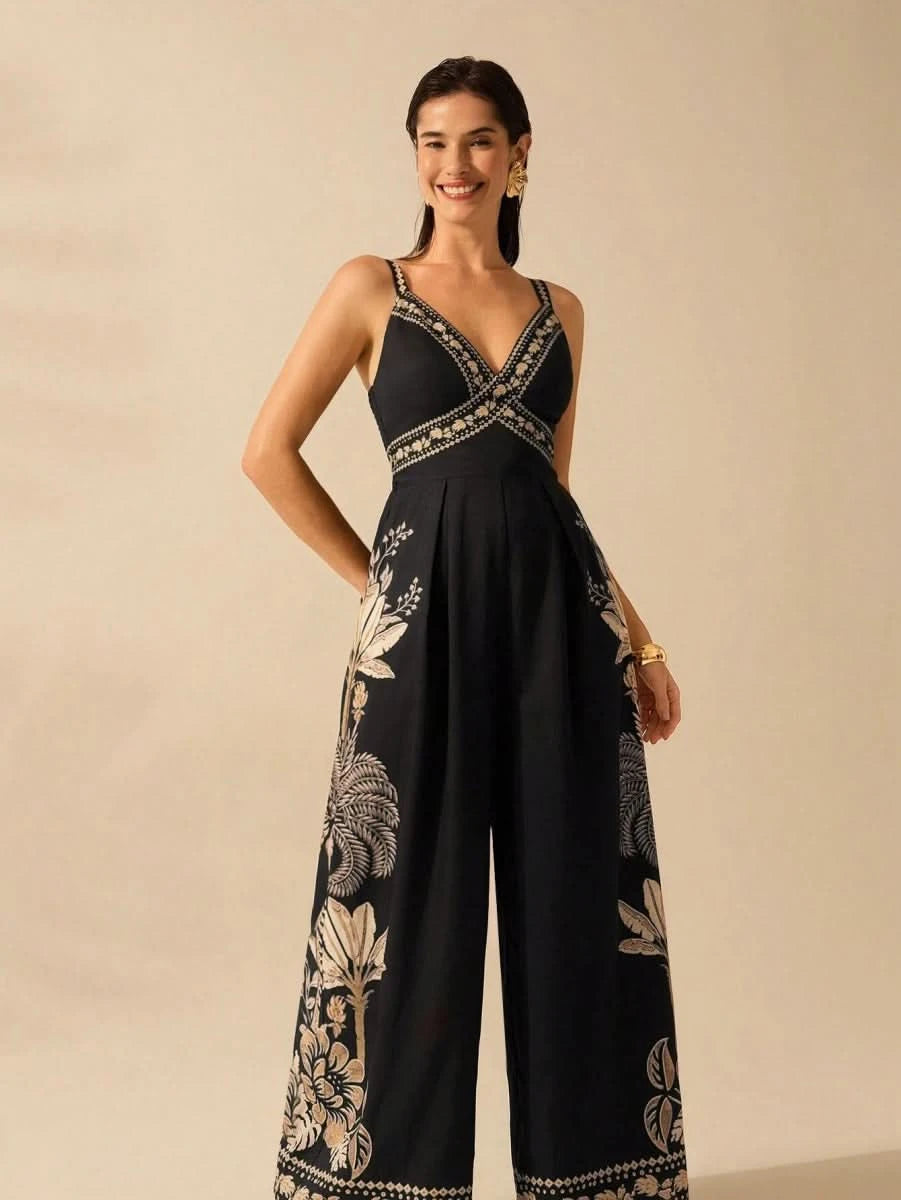 Boho Black Wide - Leg Jumpsuit with Embroidered Straps & Tropical Print - Satin Whisper