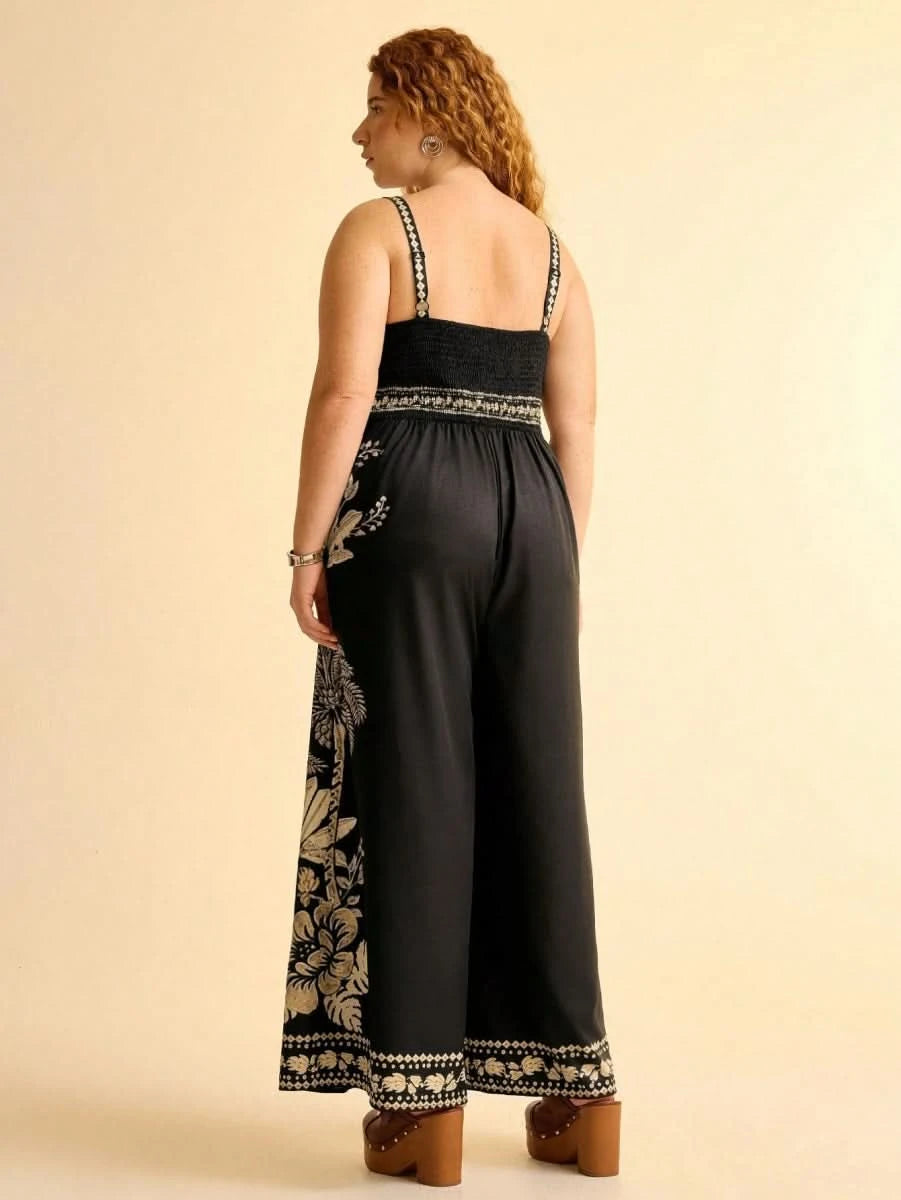 Boho Black Wide - Leg Jumpsuit with Embroidered Straps & Tropical Print - Satin Whisper