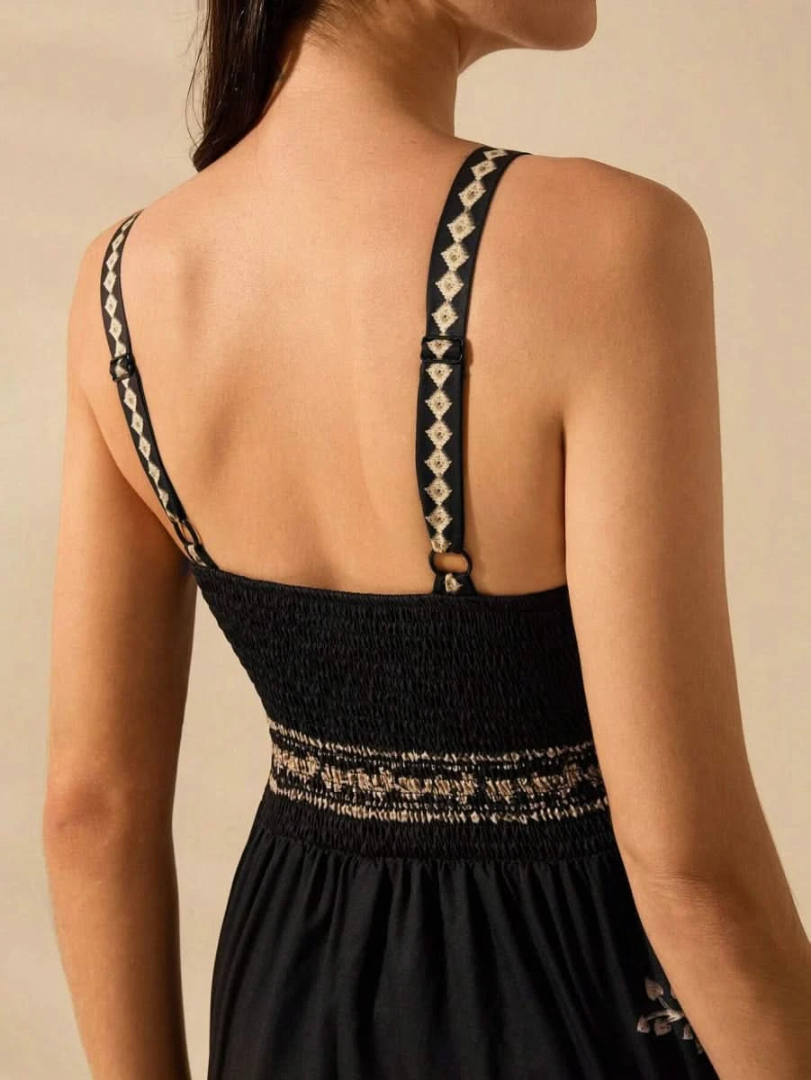 Boho Black Wide - Leg Jumpsuit with Embroidered Straps & Tropical Print - Satin Whisper