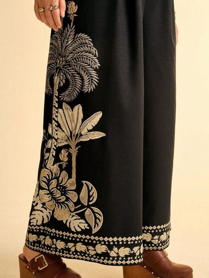 Boho Black Wide - Leg Jumpsuit with Embroidered Straps & Tropical Print - Satin Whisper
