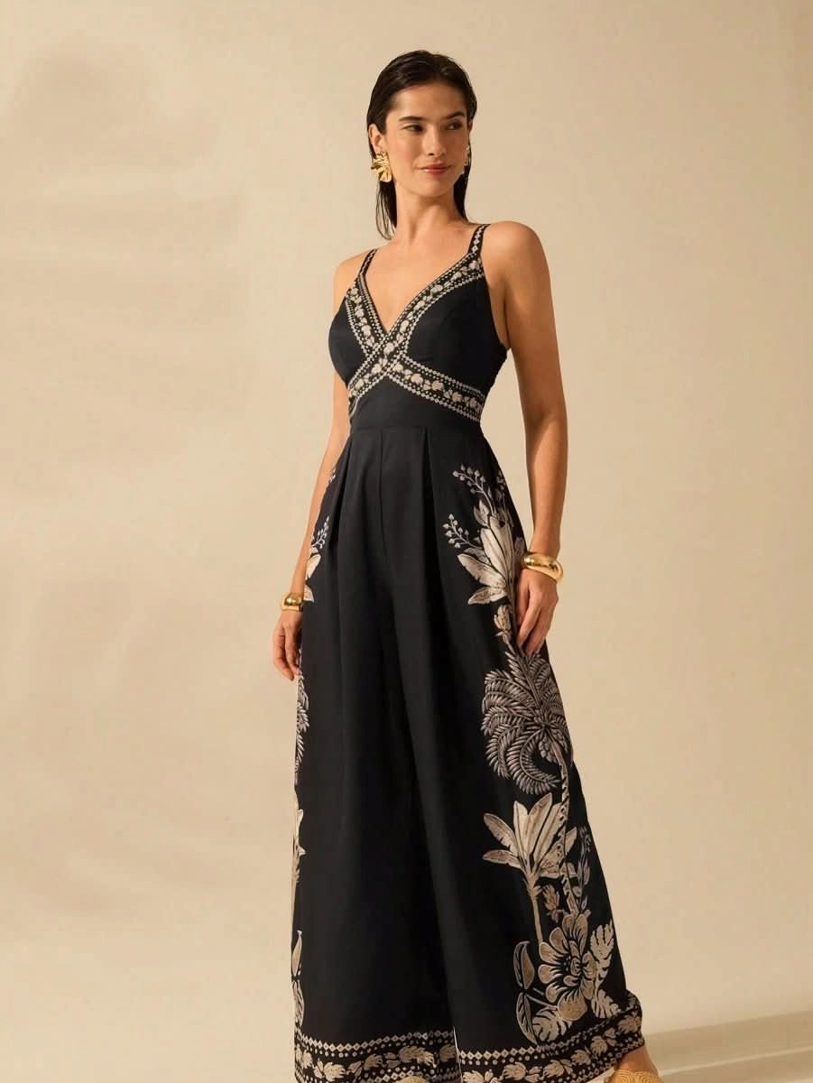 Boho Black Wide - Leg Jumpsuit with Embroidered Straps & Tropical Print - Satin Whisper