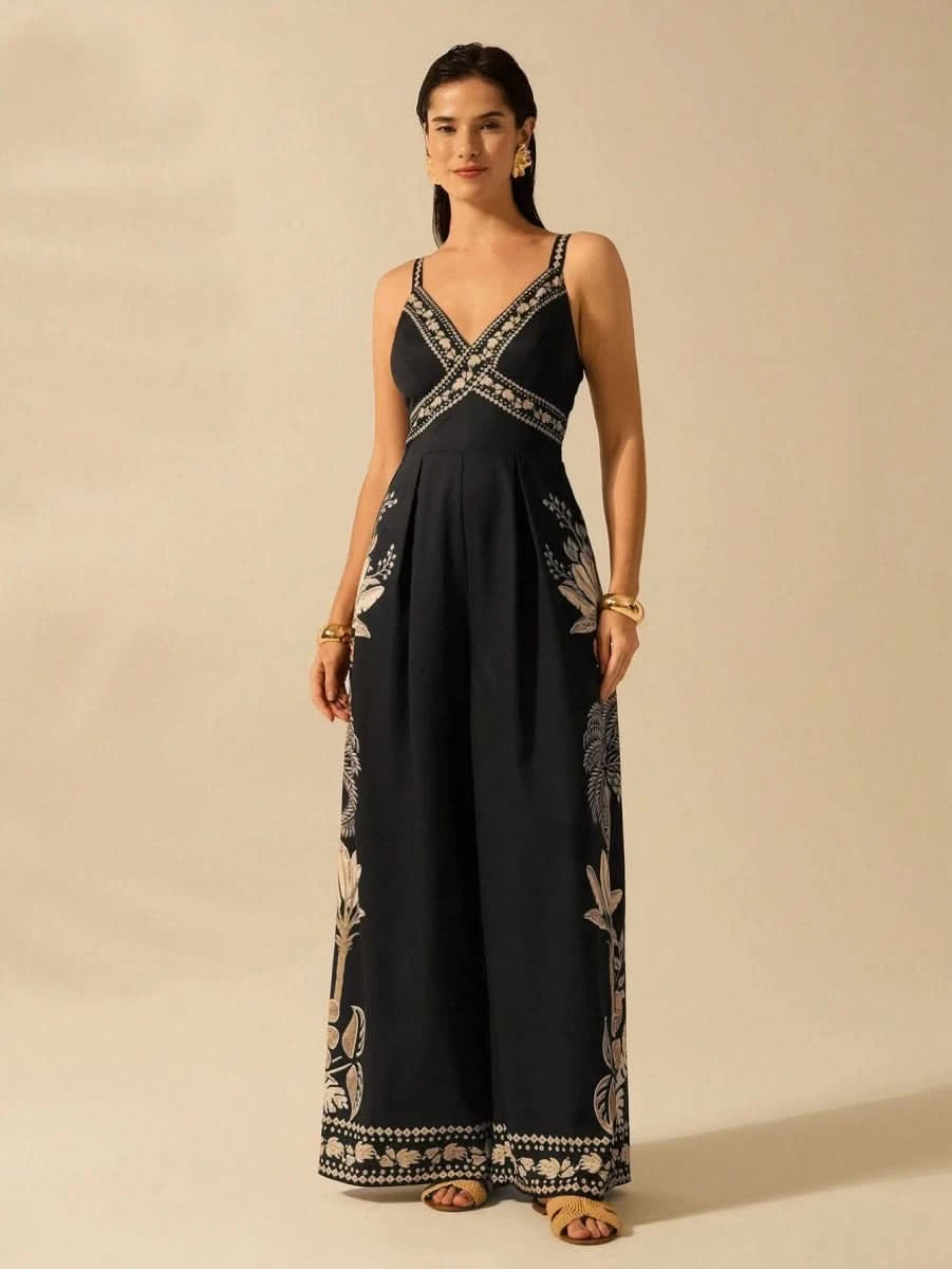 Boho Black Wide - Leg Jumpsuit with Embroidered Straps & Tropical Print - Satin Whisper