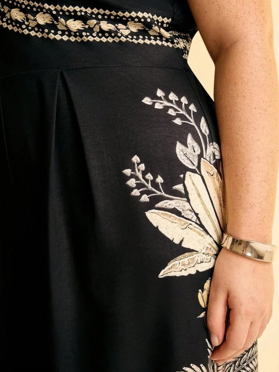 Boho Black Wide - Leg Jumpsuit with Embroidered Straps & Tropical Print - Satin Whisper