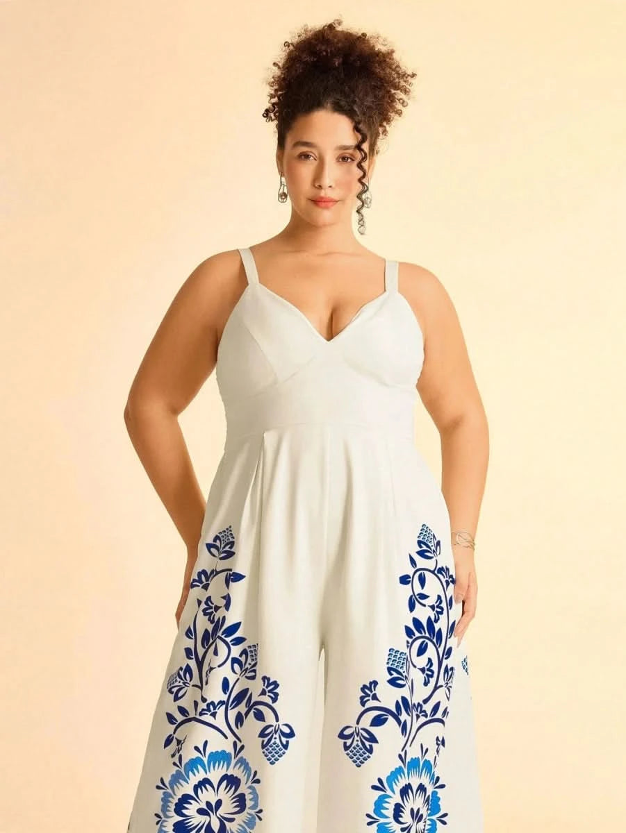 Boho Black Wide - Leg Jumpsuit with Embroidered Straps & Tropical Print - Satin Whisper