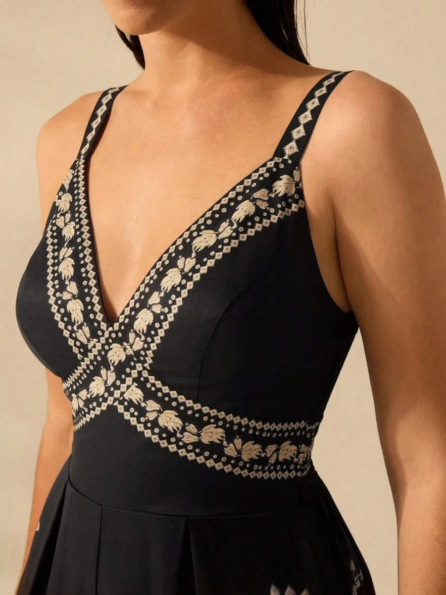 Boho Black Wide - Leg Jumpsuit with Embroidered Straps & Tropical Print - Satin Whisper