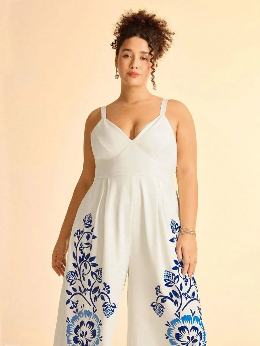 Boho Black Wide - Leg Jumpsuit with Embroidered Straps & Tropical Print - Satin Whisper