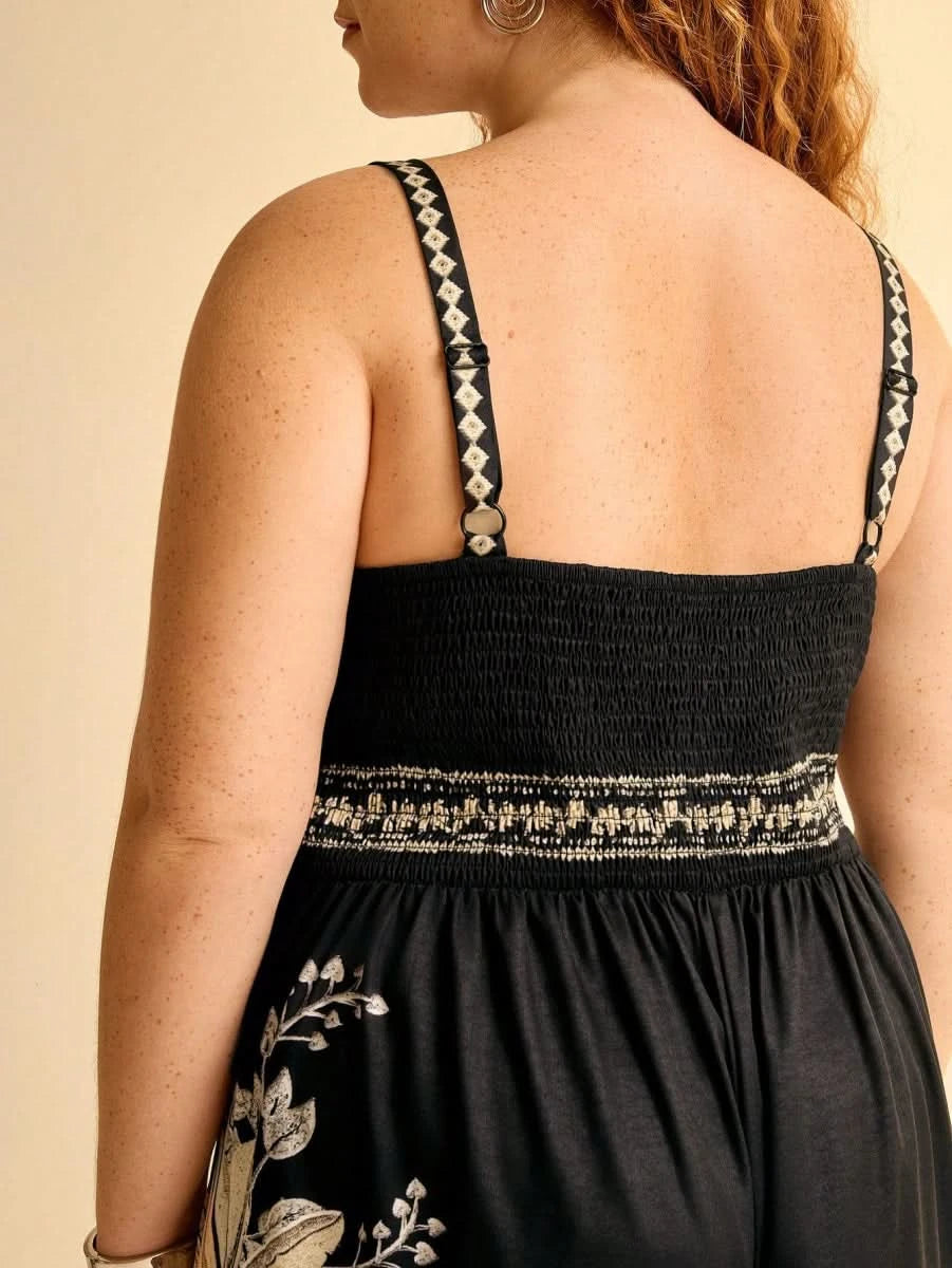 Boho Black Wide - Leg Jumpsuit with Embroidered Straps & Tropical Print - Satin Whisper