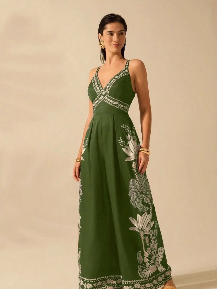 Boho Black Wide - Leg Jumpsuit with Embroidered Straps & Tropical Print - Satin Whisper