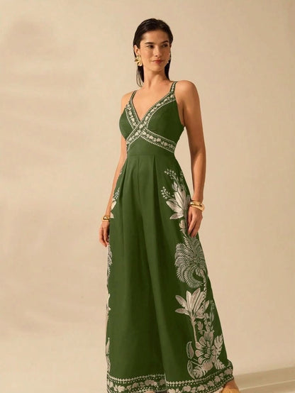 Boho Black Wide - Leg Jumpsuit with Embroidered Straps & Tropical Print - Satin Whisper