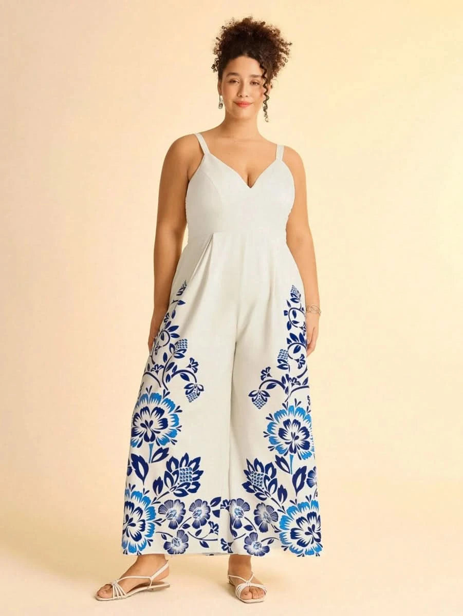 Boho Black Wide - Leg Jumpsuit with Embroidered Straps & Tropical Print - Satin Whisper