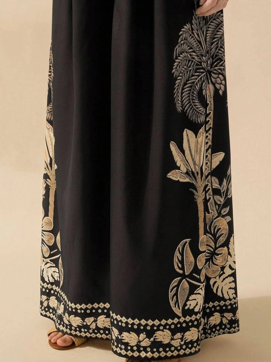 Boho Black Wide - Leg Jumpsuit with Embroidered Straps & Tropical Print - Satin Whisper