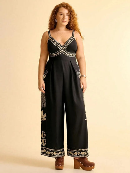 Boho Black Wide - Leg Jumpsuit with Embroidered Straps & Tropical Print - Satin Whisper