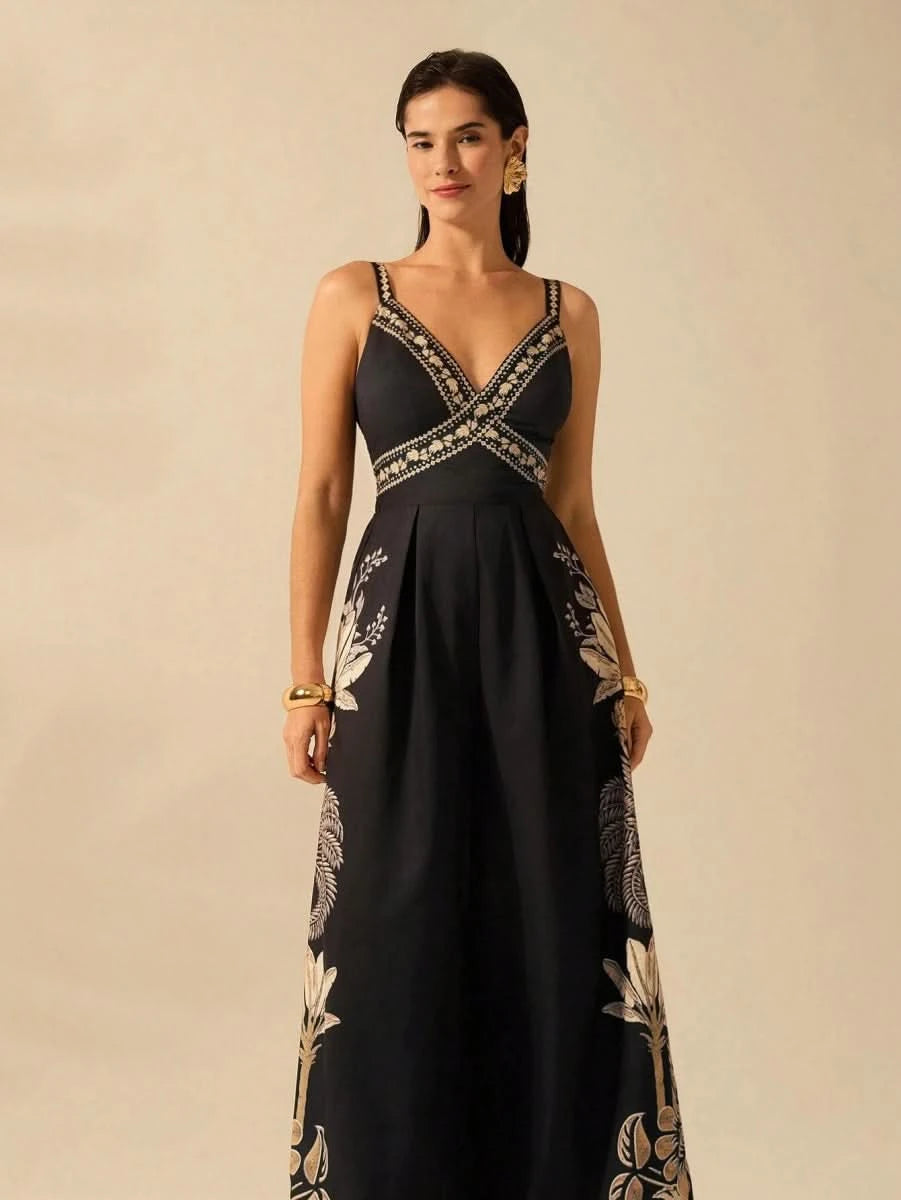 Boho Black Wide - Leg Jumpsuit with Embroidered Straps & Tropical Print - Satin Whisper