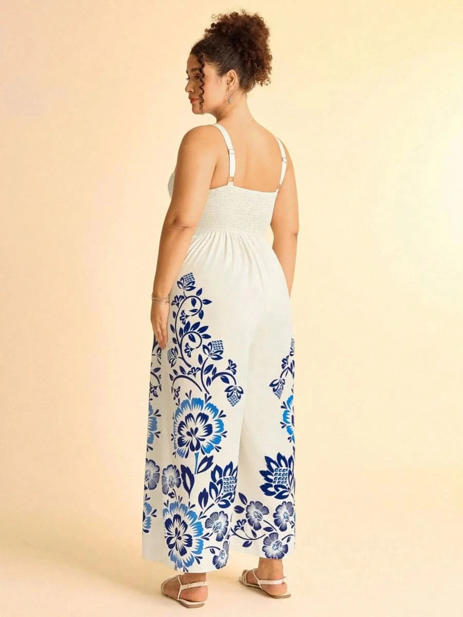 Boho Black Wide - Leg Jumpsuit with Embroidered Straps & Tropical Print - Satin Whisper