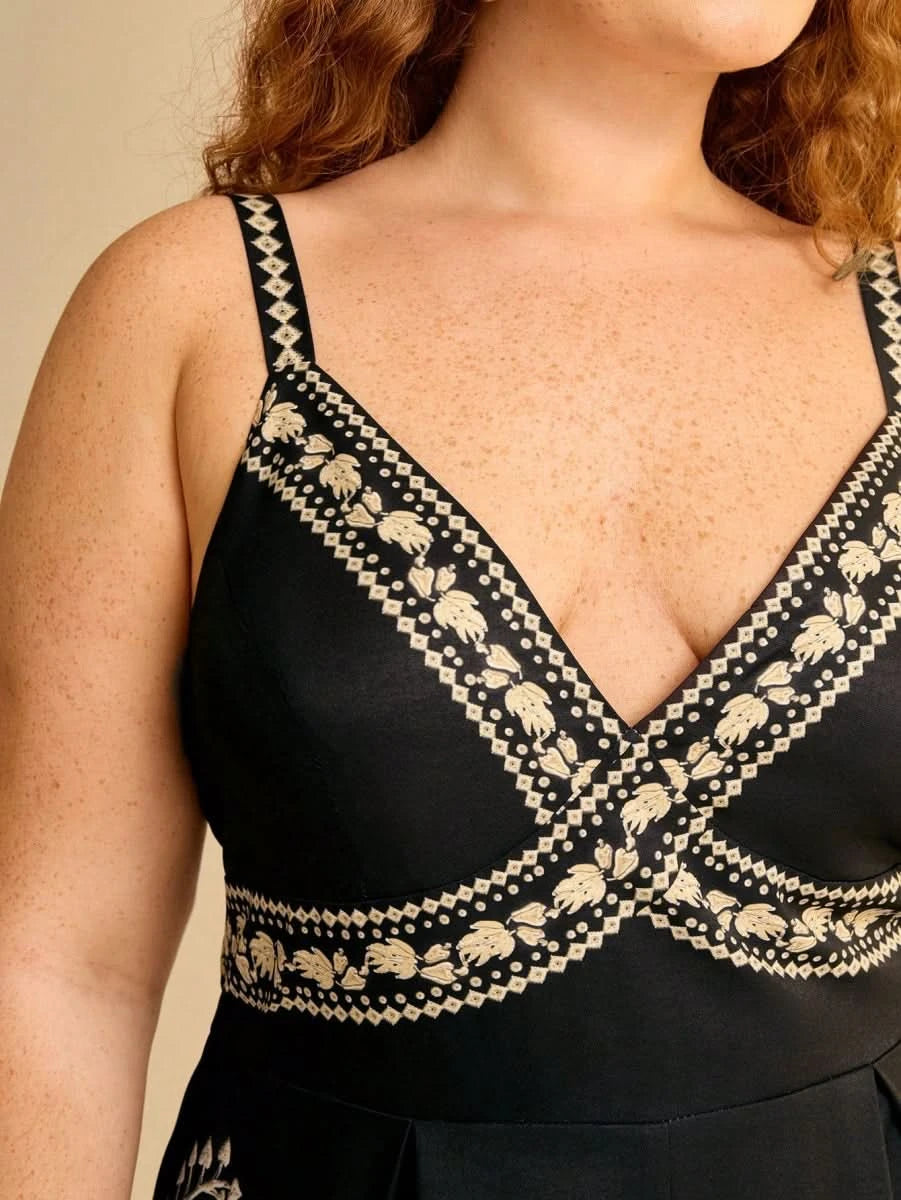 Boho Black Wide - Leg Jumpsuit with Embroidered Straps & Tropical Print - Satin Whisper