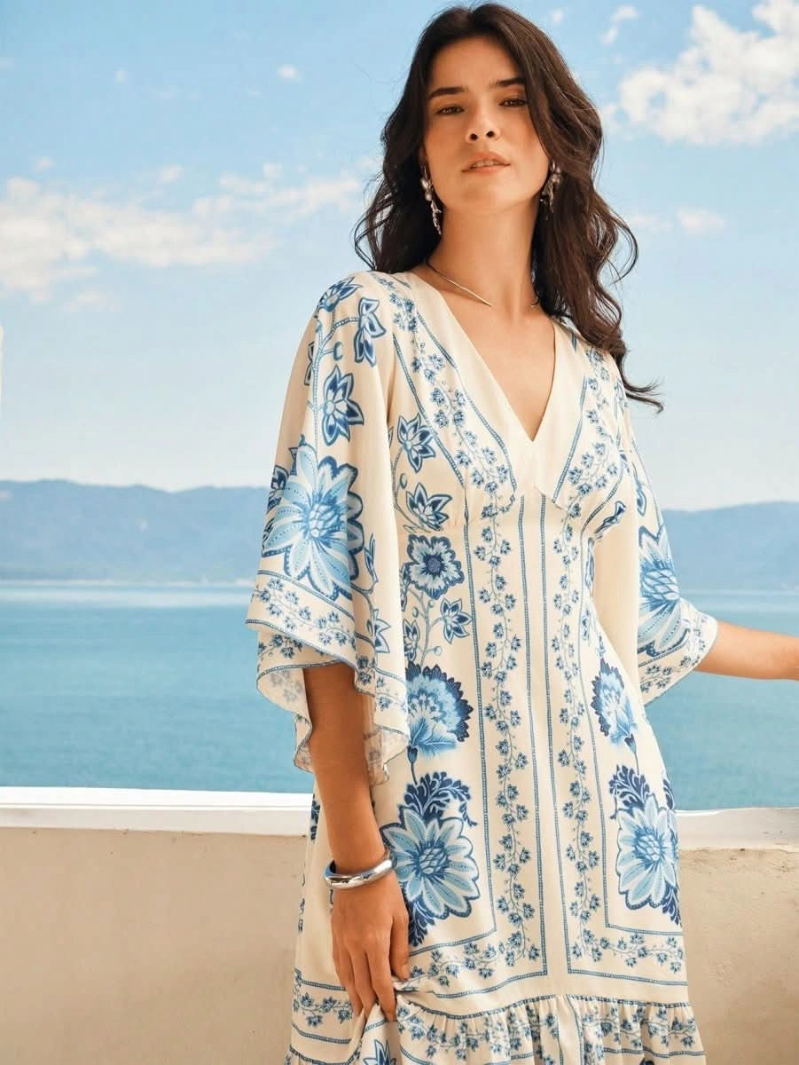 Boho Blue Floral Midi Dress with V - Neck & Batwing Sleeves - Satin Whisper