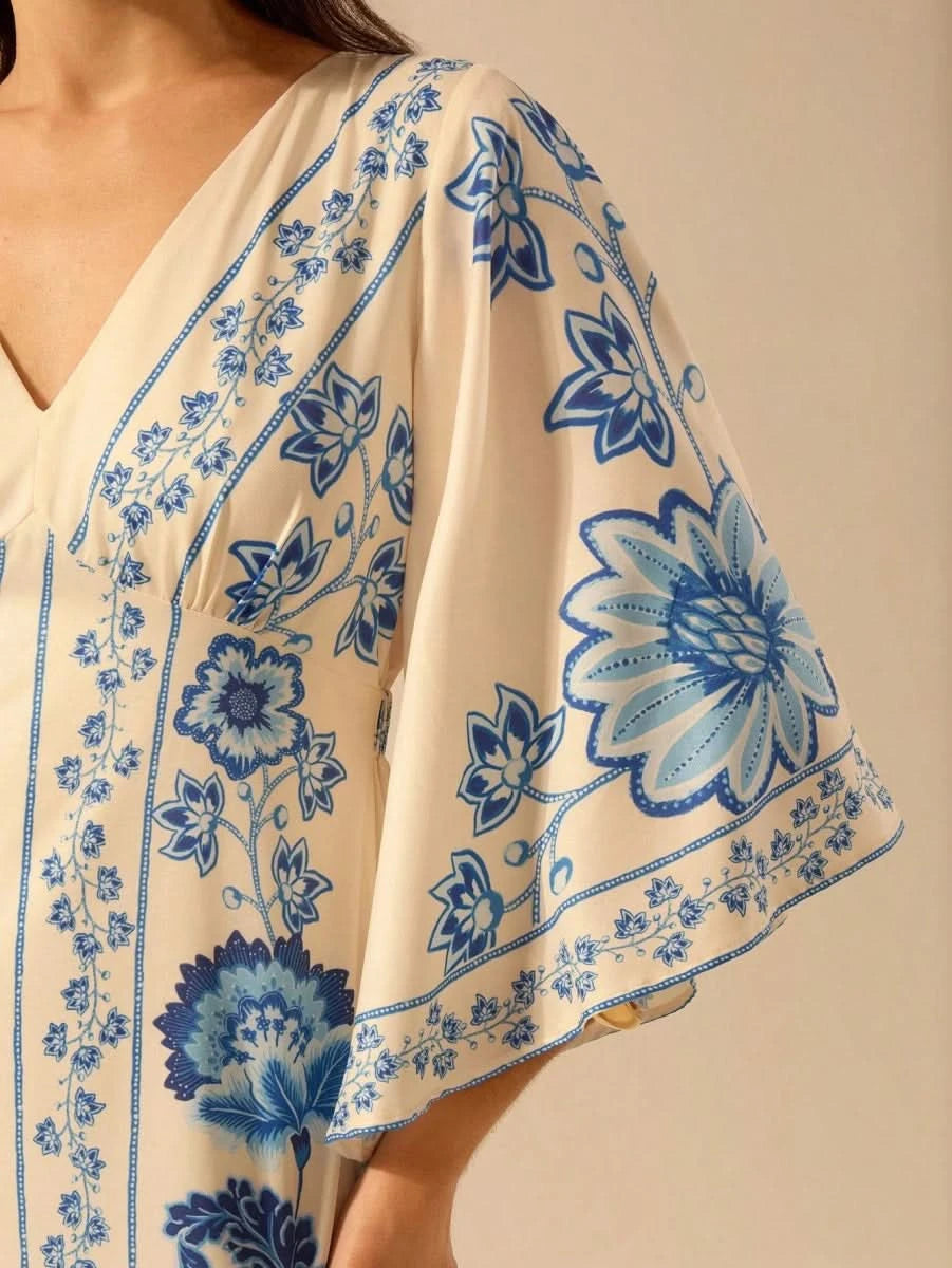 Boho Blue Floral Midi Dress with V - Neck & Batwing Sleeves - Satin Whisper