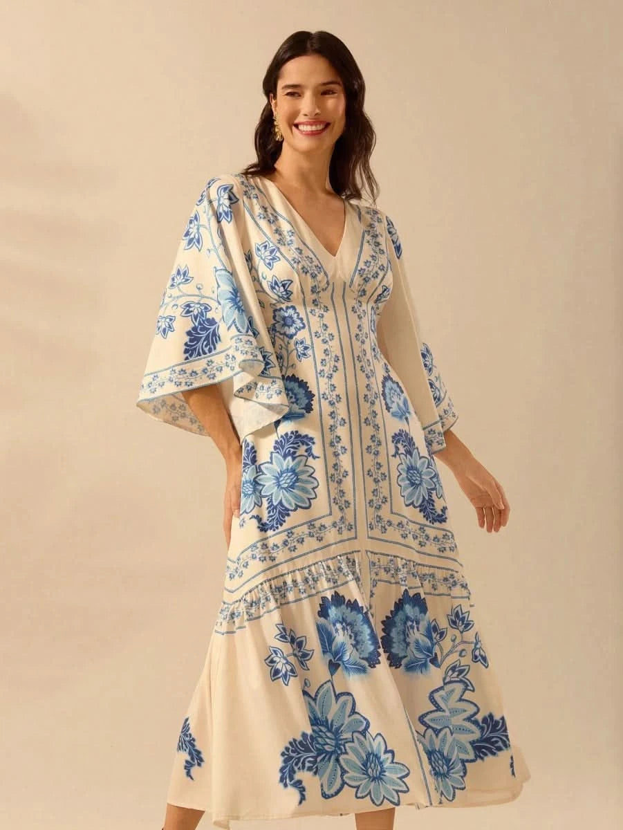 Boho Blue Floral Midi Dress with V - Neck & Batwing Sleeves - Satin Whisper