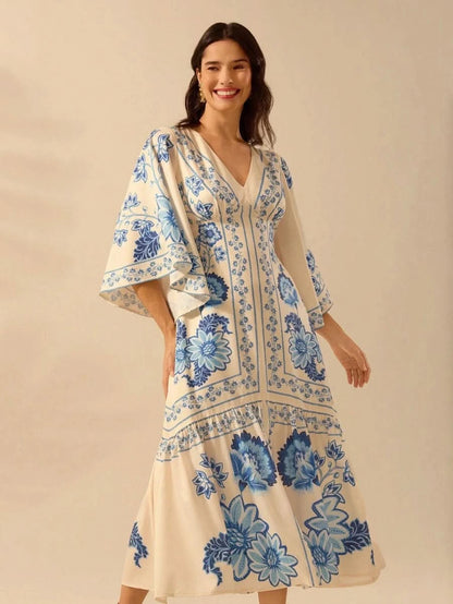 Boho Blue Floral Midi Dress with V - Neck & Batwing Sleeves - Satin Whisper