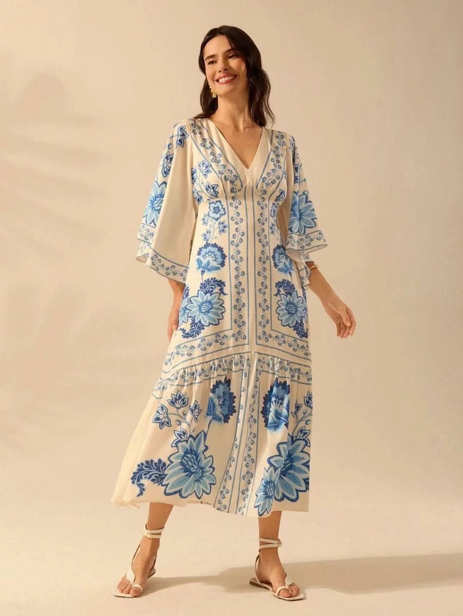 Boho Blue Floral Midi Dress with V - Neck & Batwing Sleeves - Satin Whisper