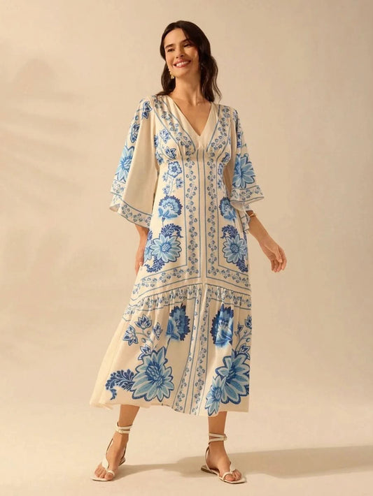 Boho Blue Floral Midi Dress with V - Neck & Batwing Sleeves - Satin Whisper