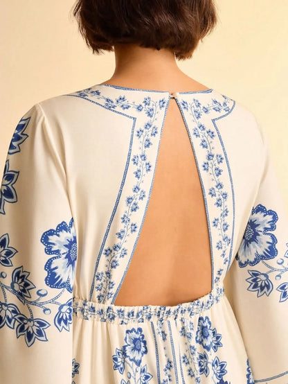 Boho Blue Floral Midi Dress with V - Neck & Batwing Sleeves - Satin Whisper