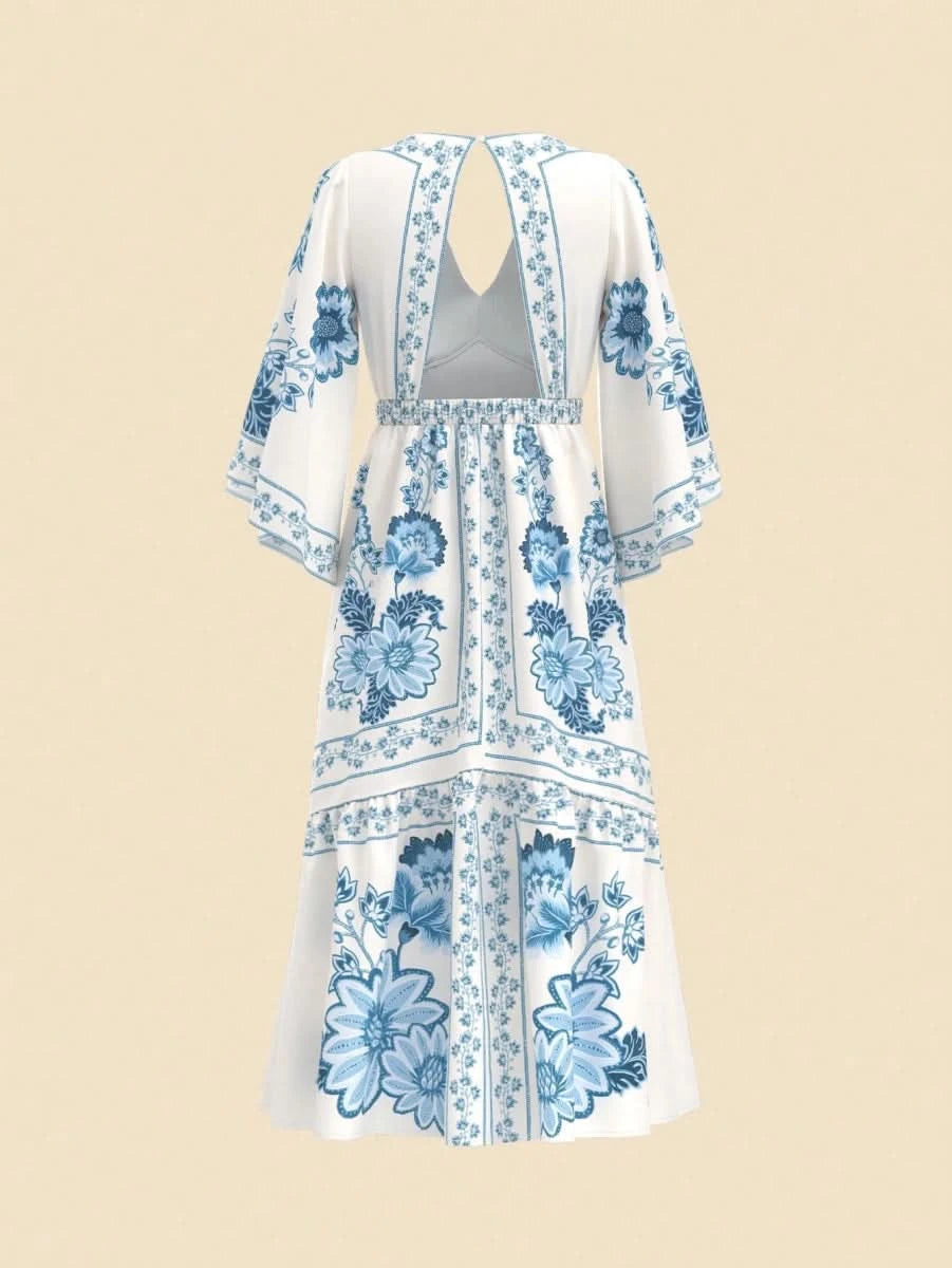 Boho Blue Floral Midi Dress with V - Neck & Batwing Sleeves - Satin Whisper