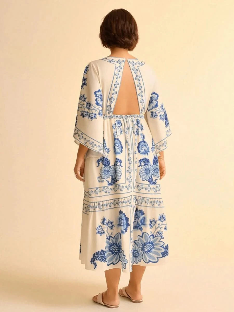 Boho Blue Floral Midi Dress with V - Neck & Batwing Sleeves - Satin Whisper