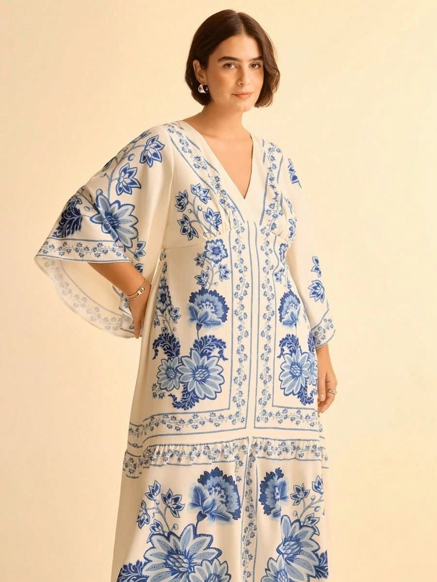 Boho Blue Floral Midi Dress with V - Neck & Batwing Sleeves - Satin Whisper