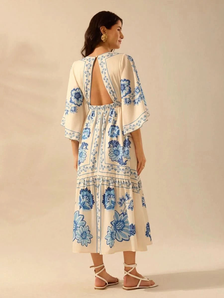 Boho Blue Floral Midi Dress with V - Neck & Batwing Sleeves - Satin Whisper