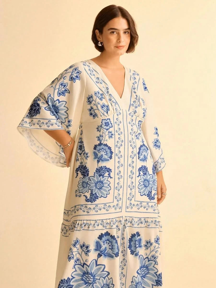 Boho Blue Floral Midi Dress with V - Neck & Batwing Sleeves - Satin Whisper