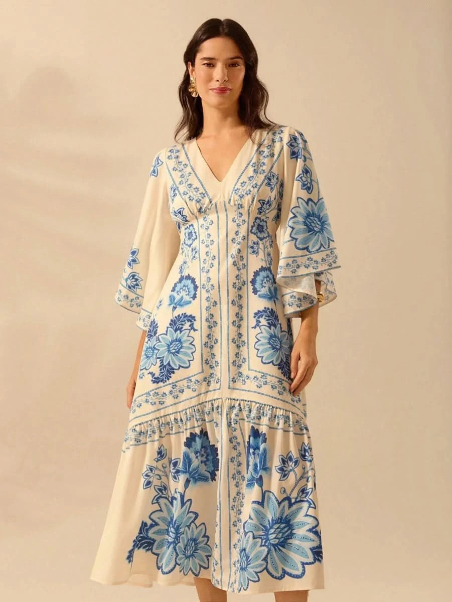 Boho Blue Floral Midi Dress with V - Neck & Batwing Sleeves - Satin Whisper