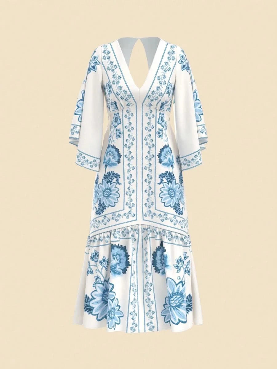 Boho Blue Floral Midi Dress with V - Neck & Batwing Sleeves - Satin Whisper
